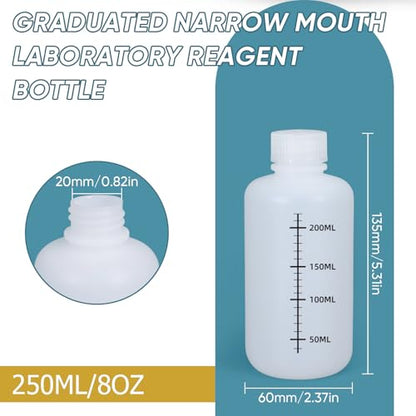 8oz/250ml Narrow Mouth Plastic Bottles with Caps, HDPE Laboratory Grade Graduated Liquid Containers for Reagent Sample Medicine Water Storage (Translucent, 4 Pcs) - size: 8 Ounces