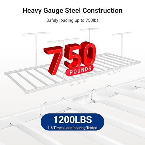 FLEXIMOUNTS 4x8 Overhead Garage Ceiling Storage Rack with 6 Hooks, White - color: White