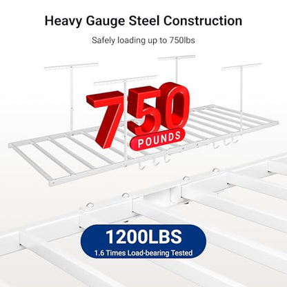 FLEXIMOUNTS 4x8 Overhead Garage Ceiling Storage Rack with 6 Hooks, White - color: White