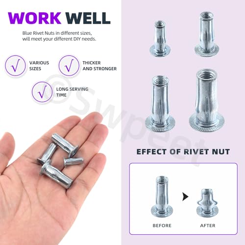 Swpeet 20Pcs M6 Metric Carbon Steel White Zinc-Plated Multi-Grip Rivet Nuts Plus Nuts Rivnuts Kit, Bulbed Shank Flat Head Threaded Insert Nut Construction Fasteners for Industrial - size: M6