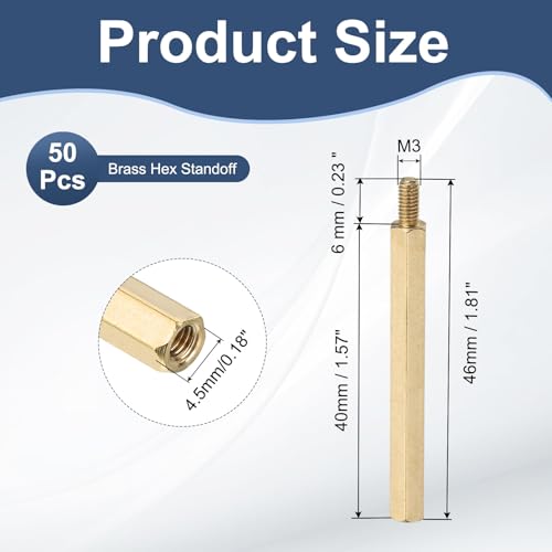 PATIKIL 50 Pcs Male to Female Thread Spacer Screws M3 x 40mm + 6mm Brass Hex Standoff PCB Motherboard Spacer Screw Nut for Drone Quadcopter Computer Electronic Projects Circuit Board - size: M3 x 40mm + 6mm