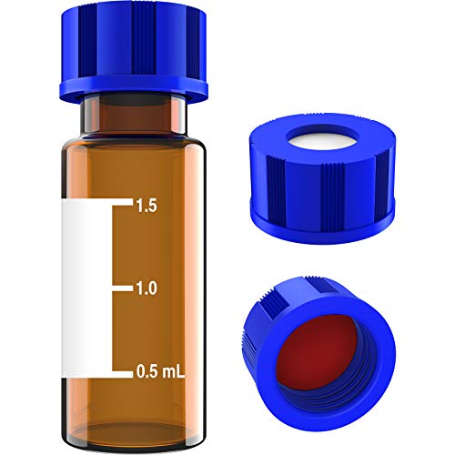 2mL Autosampler Vials, 9-425 HPLC/GC Amber Vials with Screw Cap, 100 Pcs - color: Amber Vial & Red PTFE Septa