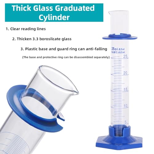 2Pcs 25ml Graduated Cylinder, Thick Glass Measuring Cylinder, with Anti-Falling Plastic Base and Bumper Guards, for Science Laboratory Measuring Liquid, Bring 2 Brushes and droppers - size: 25ml