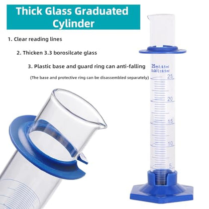 2Pcs 25ml Graduated Cylinder, Thick Glass Measuring Cylinder, with Anti-Falling Plastic Base and Bumper Guards, for Science Laboratory Measuring Liquid, Bring 2 Brushes and droppers - size: 25ml