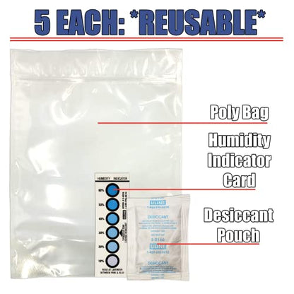 3D Printer Filament Storage Kit (Pack of 5) Includes: 5 Resealable Nylon/LDPE Gusseted Plastic Bags, 5 Large Oversize Rechargeable Clay Desiccant Drying Packs, 5 Humidity Indicator Cards