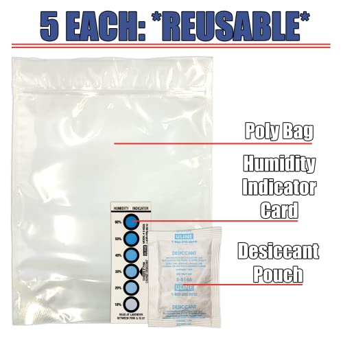 3D Printer Filament Storage Kit (Pack of 5) Includes: 5 Resealable Nylon/LDPE Gusseted Plastic Bags, 5 Large Oversize Rechargeable Clay Desiccant Drying Packs, 5 Humidity Indicator Cards