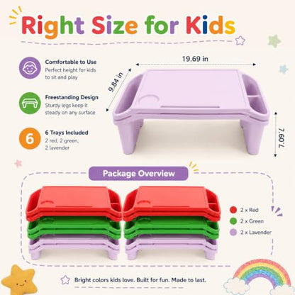 6-Pack Lap Desks for Kids, Lightweight Stackable Lap Trays with Cup Holder & Phone Slot, 33lbs Load Capacity Kids Lap Desk Tray for Writing Eating Reading on Bed Couch, Home School, 19.7x9.8x7.1 - color: Red+green+purple