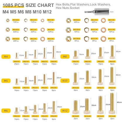 1085pcs Metric Bolt Assortment Kit -8.8 Grade, M4 M5 M6 M8 M10 M12 Heavy Duty Hex Bolts, Nuts Kit with Universal Socket, Yellow Zinc Plating, Durable Storage Case for DIY, Automotive, Length:12-40mm - size: M4 M5 M6 M8 M10 M12-1085pcs