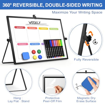 Dry Erase White Board with Stand, 16"x12" Double-Sided Magnetic Whiteboard - color: Black