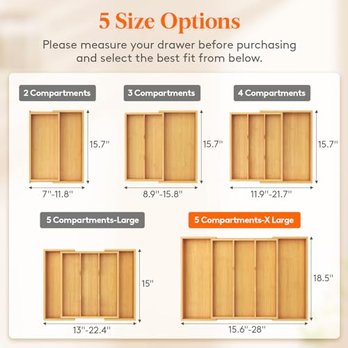 Lifewit Bamboo Utensil Organizer for Kitchen Drawer, Cooking Utensil Tray - color: Natural, size: 15.6~28''W x 18.5'' D