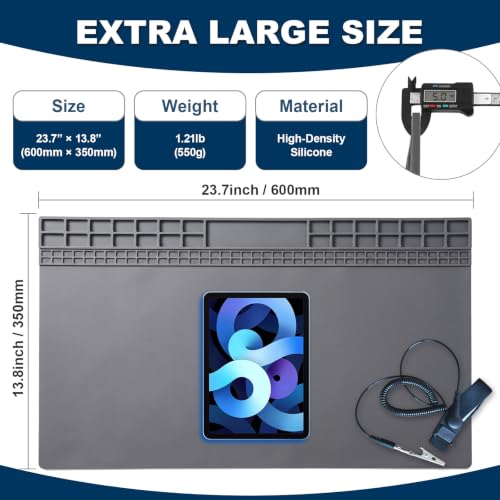 Silicone Soldering Mat 13.8"x23.7" - 932°F Heat Resistant Work Mat with 111 Grid Cells & Premium PU Anti-Static Wrist Strap, Professional Repair Pad for Electronics, Soldering Station