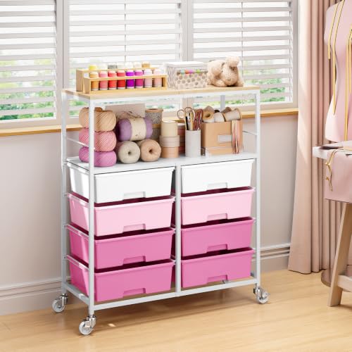 APEXCHASER Rolling Storage Cart with 8 Large Drawers, Wooden Tabletop - color: Pink
