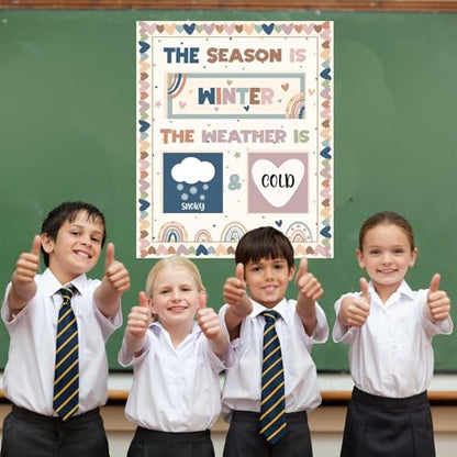 Boho Season and Weather Calendar Bulletin Board Season Calendar Posters with Weather Cards Hook and Loop Dots for Classroom Bulletin Board Wall Decor Preschool Kindergarten Student Teacher Supplies - style: Boho
