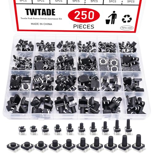 TWTADE 250PCS 4 Pin Momentary Micro Tactile Push Button Switch 20 Values 6 x 6mm and 12 x 12mm Tact Switch Assortment Kit QC-20V-4P - color: Black-4 Pin/250Pcs