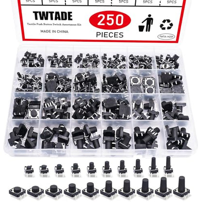 TWTADE 250PCS 4 Pin Momentary Micro Tactile Push Button Switch 20 Values 6 x 6mm and 12 x 12mm Tact Switch Assortment Kit QC-20V-4P - color: Black-4 Pin/250Pcs