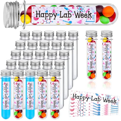 36Sets Lab Week Gifts Clear Plastic Test Tubes with Caps Happy Lab Week Stickers 45ml Small Tube 25mm x 140mm Clear Test Tubes Candy Containers Vials Storage for Sample Powder Seed ScienceThemed Gifts