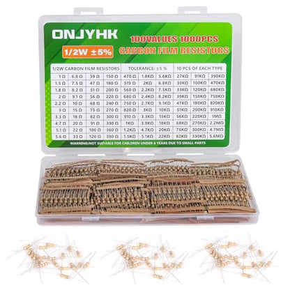 100Values 1000PCS 1/2W Resistor Kit Carbon Film Resistors Assortment 1 Ohm to 5.6M Ohm 1/2Watt 5% Resistencia Eléctrica Assorted Set
