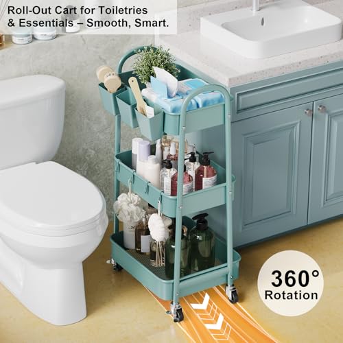 3 Tier Green Metal Rolling Cart with Lockable Wheels, 3 Tiered Roller Shelf - color: Elegant Green, size: 3 tier