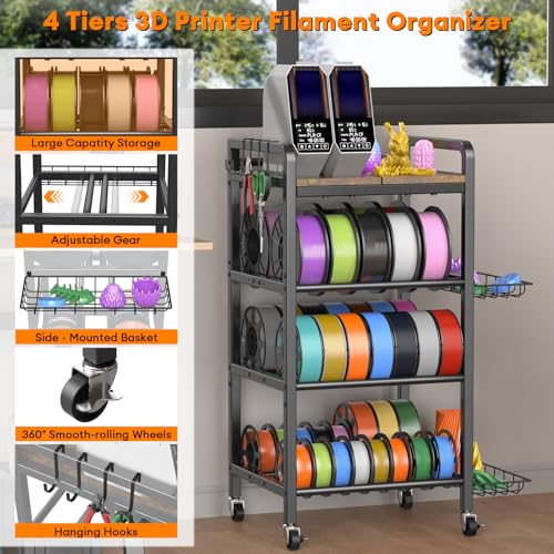 3D Printer Filament Storage Rack- 4 Tiers Filament Spool Holder, Heavy Duty 3D Printing Stand Filament Organizer with 360° Wheels, Metal Filament Stand Shelf for PLA/ABS/TPU/Nylon (Black) - color: Black