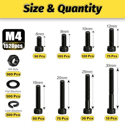 Kadrick M4 Screws Kit 1520PCS, M4x6MM-25MM Bolts with Nuts,Washers & Hex Wrench, Optimized Size Distribution, Class 12.9 Socket Head Cap M4 Screws, Black Zinc Plated, for Mechanical, Repair & DIY - size: M4 1520Pcs