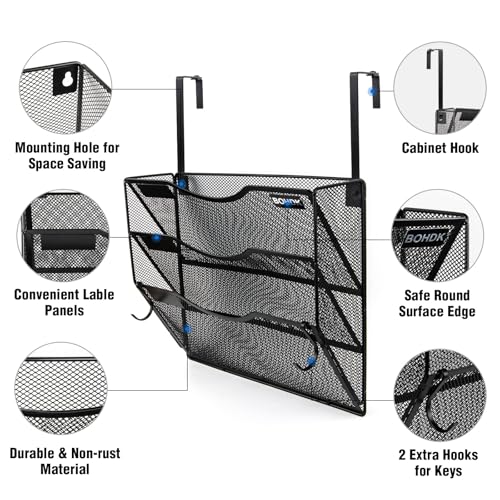 BOHDK Wall File Organizer, 3 Tire Hanging File Folder Mail Organizer, Vertical Mesh Metal Door/Wall Mount Hanging File Holder, Paper Document Magazine Rack with Hooks for Home Office Black