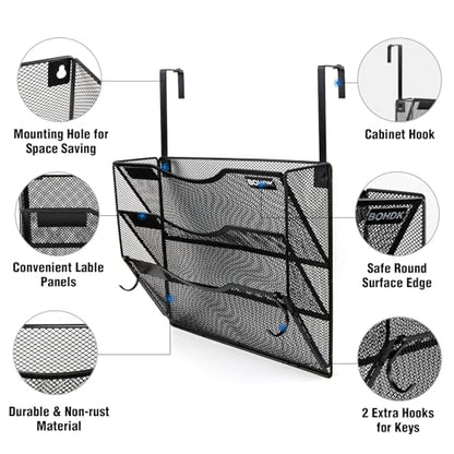 BOHDK Wall File Organizer, 3 Tire Hanging File Folder Mail Organizer, Vertical Mesh Metal Door/Wall Mount Hanging File Holder, Paper Document Magazine Rack with Hooks for Home Office Black
