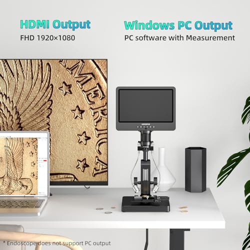 Andonstar AD269S 20X-5000X HDMI Digital Microscope, 5 Lens 2160P UHD Video - style: AD269S-10"+ Endoscope Kit+ Metal Biological Stand