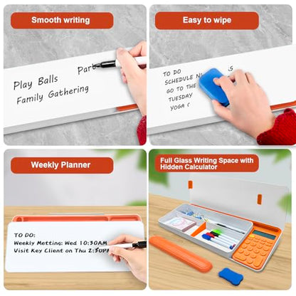 Desk Whiteboard Dry Erase Glass Desktop Whiteboard with Calculator, Desk Board with Keyboard Stand for Office or School