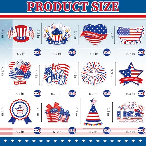 48Pcs 4th of July Cut-Outs, Red White Blue Patriotic Theme Party Cutouts Cartoon USA Flag Stars Firework Paper Cutouts for Independence Day Home School Classroom Office Bulletin Board Wall Decor - style: 4th of July