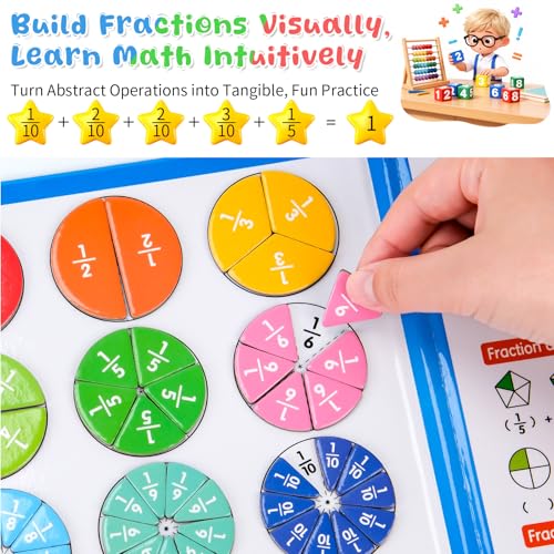 Meetory Magnetic Fraction Playbook - Magnetic Fraction Demonstration Book, Montessori Math Manipulatives Kit, Homeschool Classroom Fraction Puzzles and Games - color: Three-fold Pterosaur + Cards