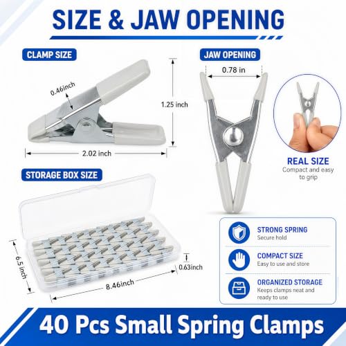 40 Pcs Small Spring Clamps, 2 Inch White Metal Clip for Crafts, Heavy Duty Woodworking Fastener, Photography Muslin Backdrop Holder,0.78 Inch Maximum Opening - color: White