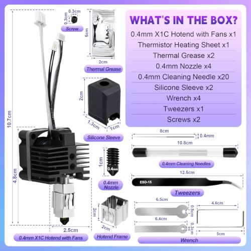 Hotend Kit for Bambu Lab X1/X1C/X1 Carbon 3D Printer, Full Assembly High Speed Printing X1C Hot End with Fan, Hardened Steel Nozzle 0.4mm Replacement Cleaning Kit Hotend for Bambu Lab X1/X1C/X1 Carbon - size: X1C Hotend Kit2
