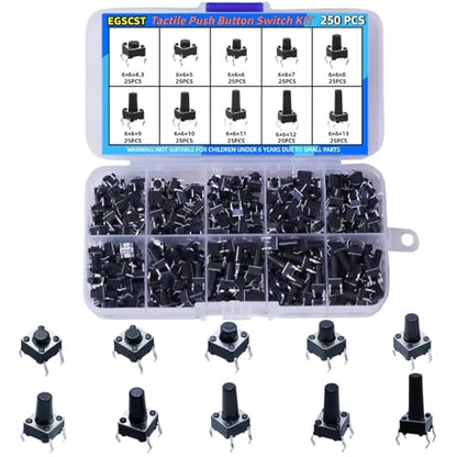 250PCS 10 Values 6x6mm Tactile Push Button Switch Assortment Kit 4 Pins Micro Momentary Tact Pushbutton Switches Set - style: 250 PCS 10 Values