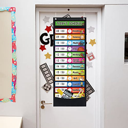Daily Schedule Pocket Chart Kit,40 Bright Attractive Double-Sided Reusable Erasable Cards,1 Title Card,13+1 Scheduling Pocket Chart with 2 Hangers for Classroom Office Home Preschool Learning (Black) - color: Black