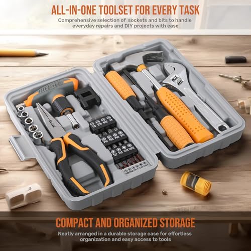 Hi-Spec Magnetic T-Handle Ratchet Wrench and Screwdriver Set with Toolbox - color: Pale Yellow