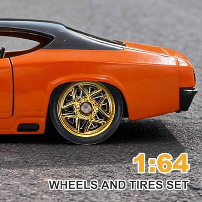 MECCANIXITY 4 Set 1/64 Wheels and Tires Set, Real Riders Rims Includes Axles for RC Diecast Car DIY Model, 5-Star Gold Silver Black White Rims 11 x 5.4mm