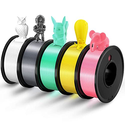 3D Printer Filament PLA 1.75mm 5 Colors Bundle Print Filament - color: White+ Silver+ Light Green+ Pink+ Yellow