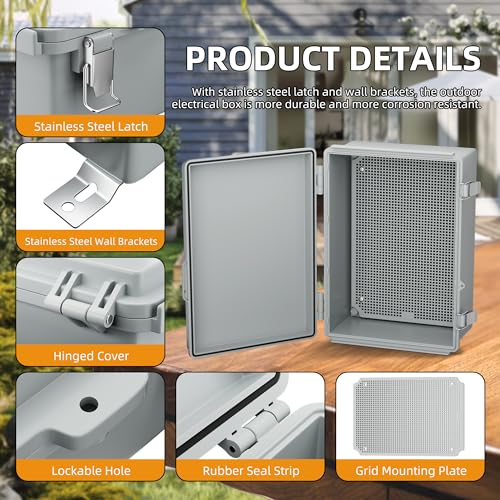 Joinfworld Waterproof Box for Electronics Outside 11.4x7.5x5.5 Outdoor Weatherproof Electrical Box Plastic Weather Proof Nema 4 Enclosure - size: 11.4"x7.5"x5.5"