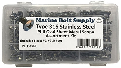 Type 316 Stainless Steel Phillips Drive Oval Head Sheet Metal Screw Kit - Marine Bolt Supply 6-111915
