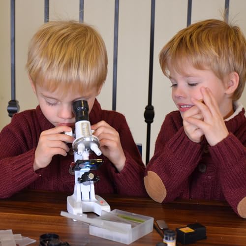 Uarzt Kids Beginner Microscope Science Kit with 100X-1200X, 13 Prepared Slides & DIY Blank Slides, 18MM HD Len, LED Light Adjustable and ABS Box, Microscope for Kids 5-7 8-12 - color: White