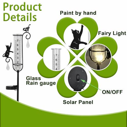 33in Solar Cat Bird Rain Gauge Metal Garden Stake Black Sculpture Decor - color: Cat