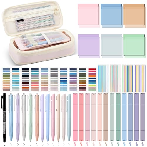 135 Pcs Book Annotation Kit with Pencil Case, 12 Pastel Highlighters, 11 Gel Pens, Fine Marker, 300 Transparent Sticky Notes, 2640 Index Tabs, Bible Study Supplies Kit(Classic,Pink) - color: Pink, style: Classic