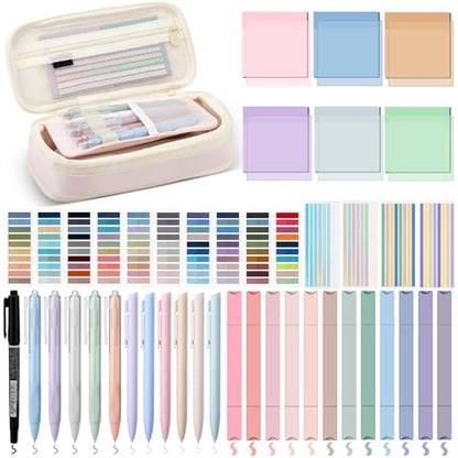 135 Pcs Book Annotation Kit with Pencil Case, 12 Pastel Highlighters, 11 Gel Pens, Fine Marker, 300 Transparent Sticky Notes, 2640 Index Tabs, Bible Study Supplies Kit(Classic,Pink) - color: Pink, style: Classic