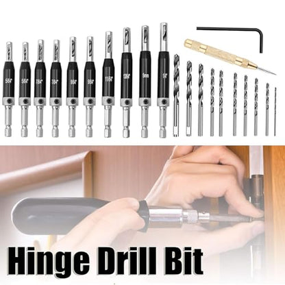 Self Centering Hinge Drill Bit Set,5/64"-1/4" for Precision Pilot Holes - size: 22PC