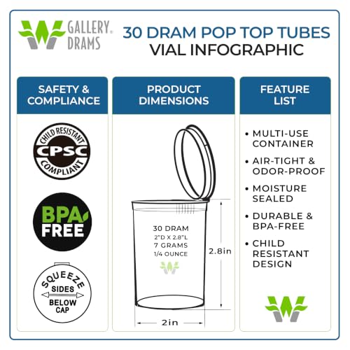 W Gallery 150 Green Vials - 30 Dram Pop Top Bottles, Child Resistant