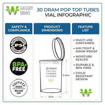 W Gallery 150 Green Vials - 30 Dram Pop Top Bottles, Child Resistant
