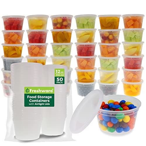 Freshware Food Storage Containers [50 Set] 12 oz Plastic Deli Containers with Lids, Slime, Soup, Meal Prep Containers | BPA Free | Stackable | Leakproof | Microwave/Dishwasher/Freezer Safe - size: 12 oz, 50-Set