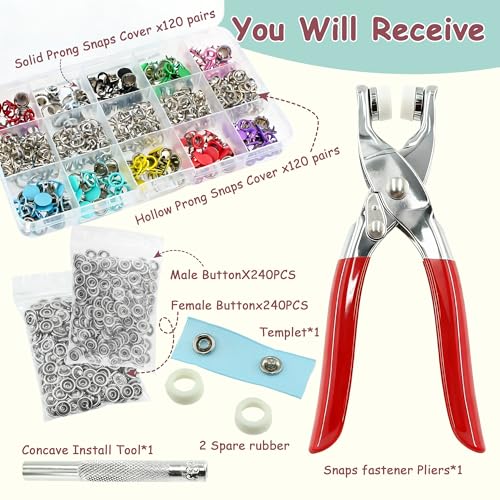 SHRJ 240Sets Metal Snaps Button Kit with Pliers Press Tool for Sewing - style: 240 Sets(Hollow & Solid)