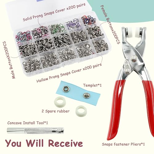 SHRJ 800Pcs Metal Snaps Buttons Kit Multicolor Hollow Sewing Snaps with Fastener Pliers Press Tool Prong Snap Buttons for Bags Clothes Sewing DIY Crafts(200 Sets, 9.5mm) - style: 200 Sets(Hollow)