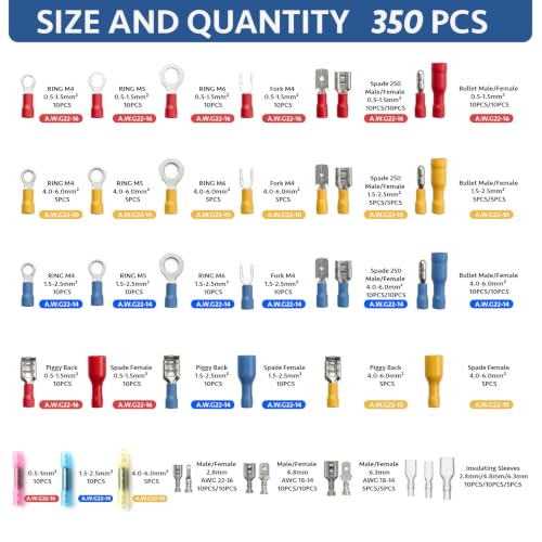 CONLI 350Pcs Crimp Connectors Male and Female Spade Connector 39 Types